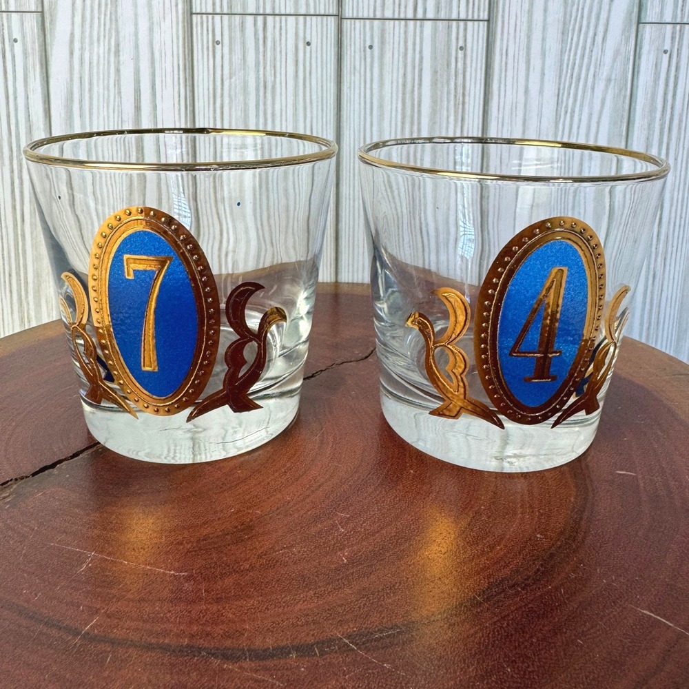 Vintage Libbey Blue Gold Medallion Lowball Whiskey Glasses Numbers 7& 4 Set of 2